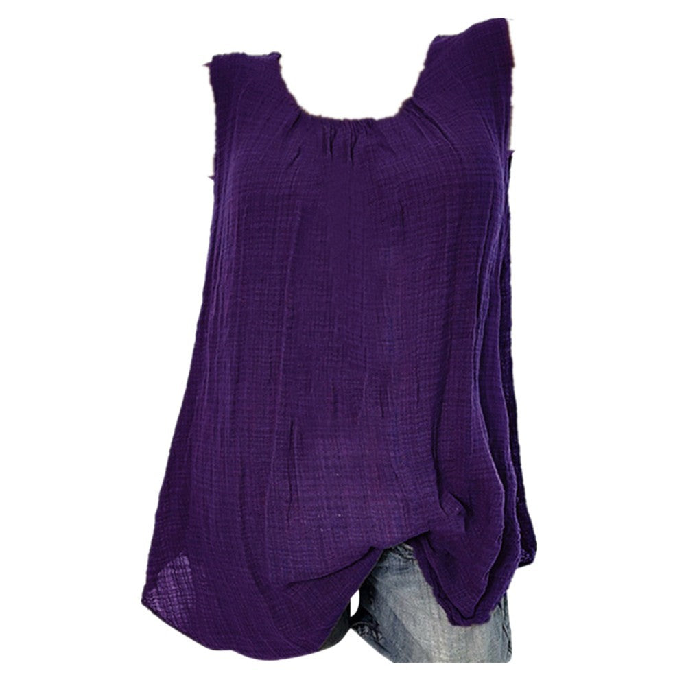 Plus Size Cotton Linen Sleeveless Baggy Tank Top – Casual U-Neck Summer Vest Blouse for Women