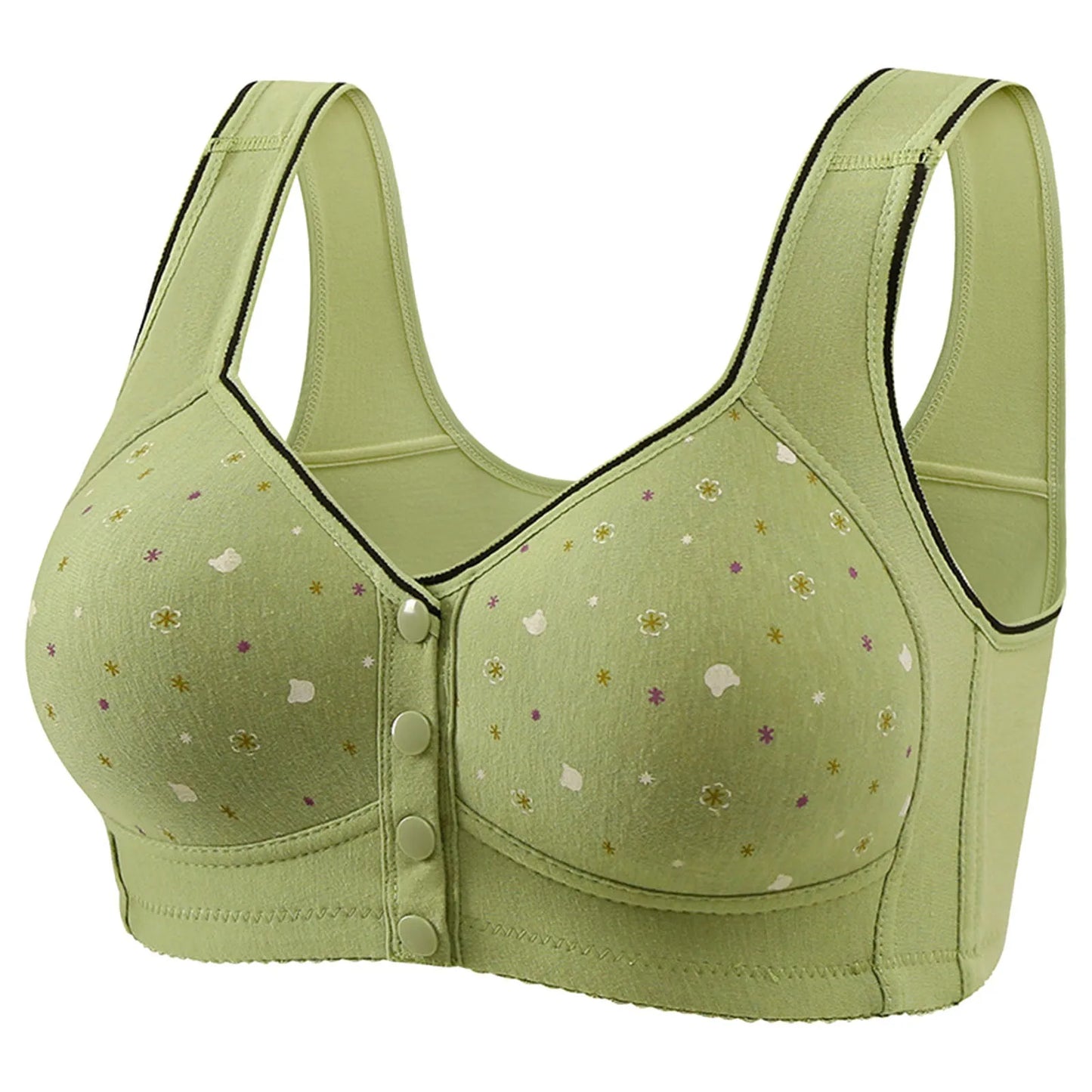 Front Button Retro Printed Bra Without Steel Ring Wide Shoulder Strap Middle-Aged Elderly Underwear Plus Size Women'S Vest Bras