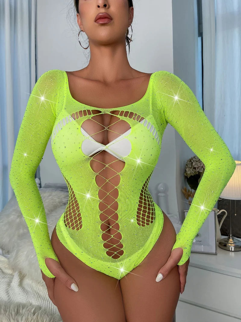 Sheer Rhinestone Fishnet Diamond Bodysuit – Long-Sleeve Sparkle Baddie Summer Suit