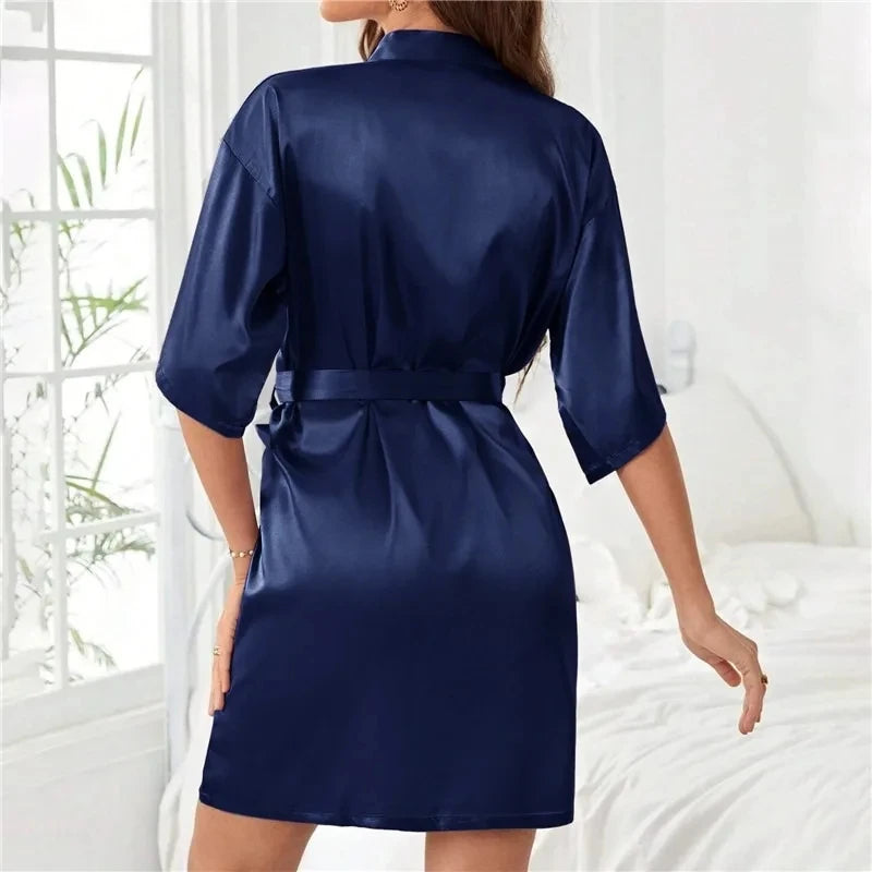 Women Silk Satin Short Night Robe Solid Kimono Robe Fashion Bath Robe Sexy Bathrobe Peignoir Femme Wedding Bride Bridesmaid Robe