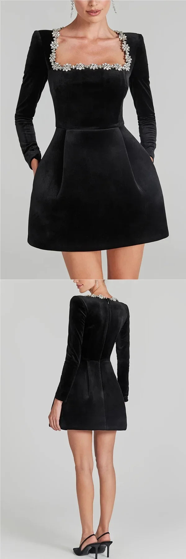 Elegant Short Velvet Dress with Diamond Embellishment Square Collar Independent Station Cross-border Spring Women's Fashion