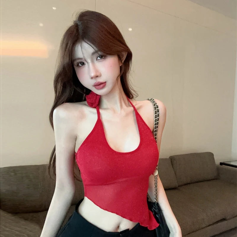 Korean Version of Red Halterneck Irregular Three-dimensional Flower Decoration Slim Sexy Fashion Camisole Top