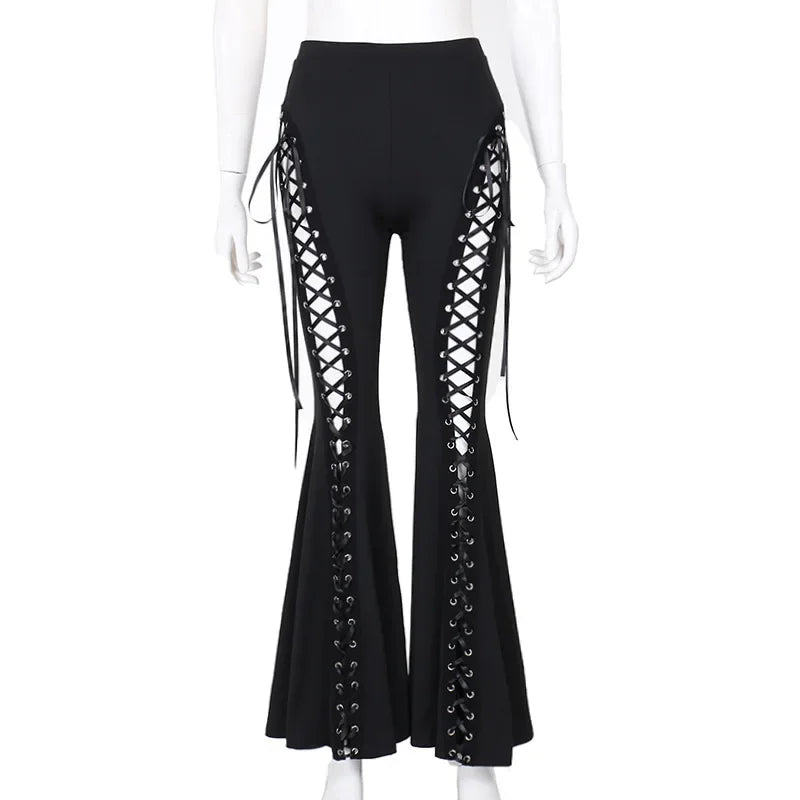 Grunge Streetwear Zwarte Bandage Broek Cyber Gothic Punk Hollow Out Flare Broek Vrouwen Emo Hoge Taille Sexy Alt Bottom