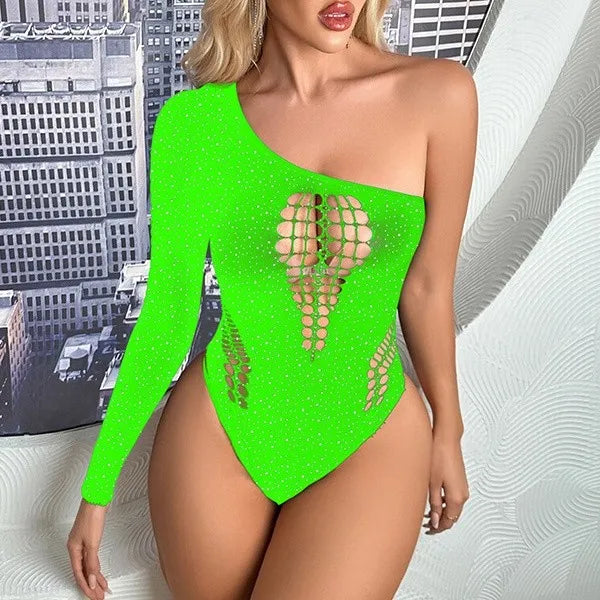 Women's Sexy Mesh Clothes Erotic Lingerie Hot Drilling Long Sleeved Corset Package Hip Erotic Women's Sexy Lace Underwear Set
