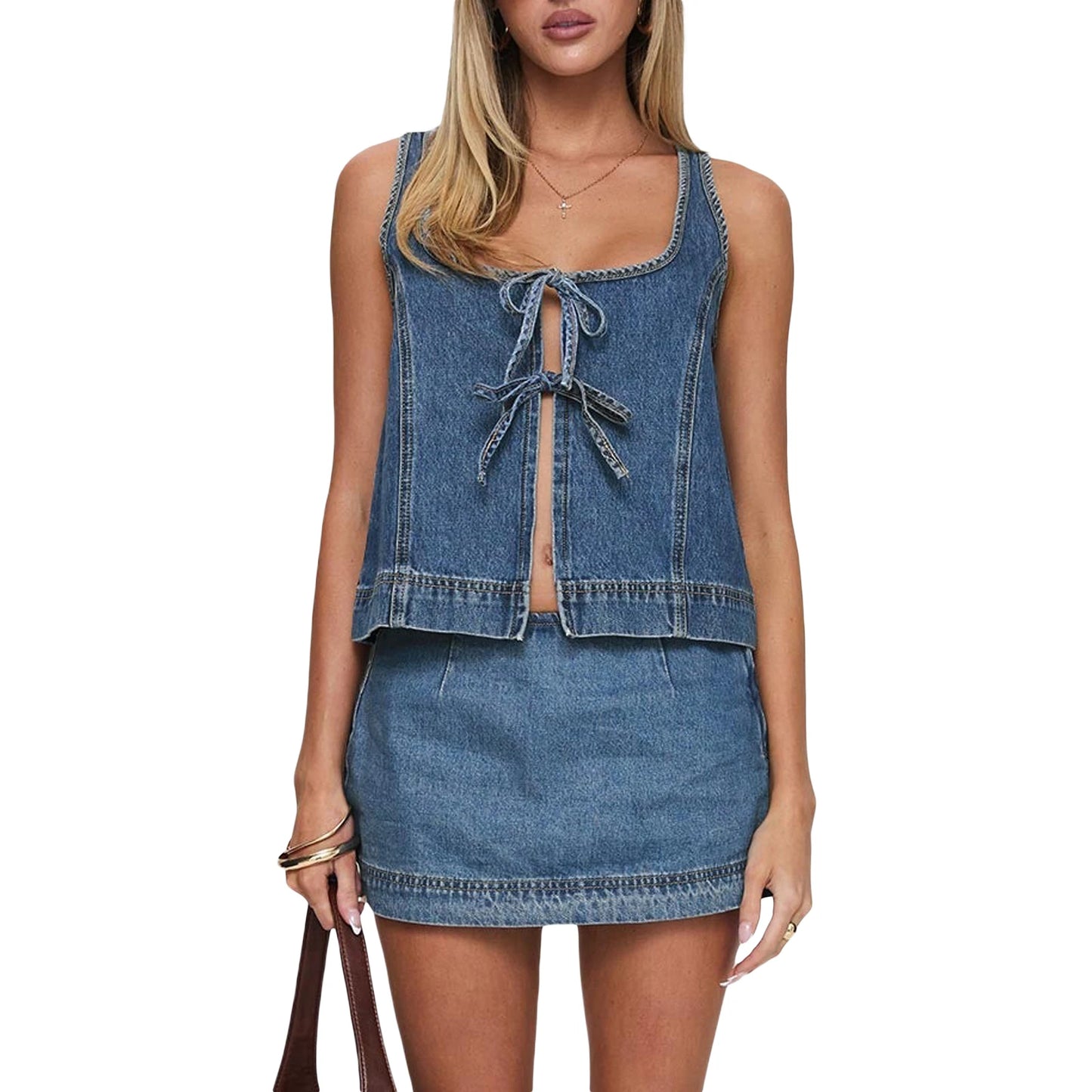Stylish Women s Denim Co-ord Set with Sleeveless Tie-up Top and Mini Skirt - Perfect for Clubwear and Nights Out