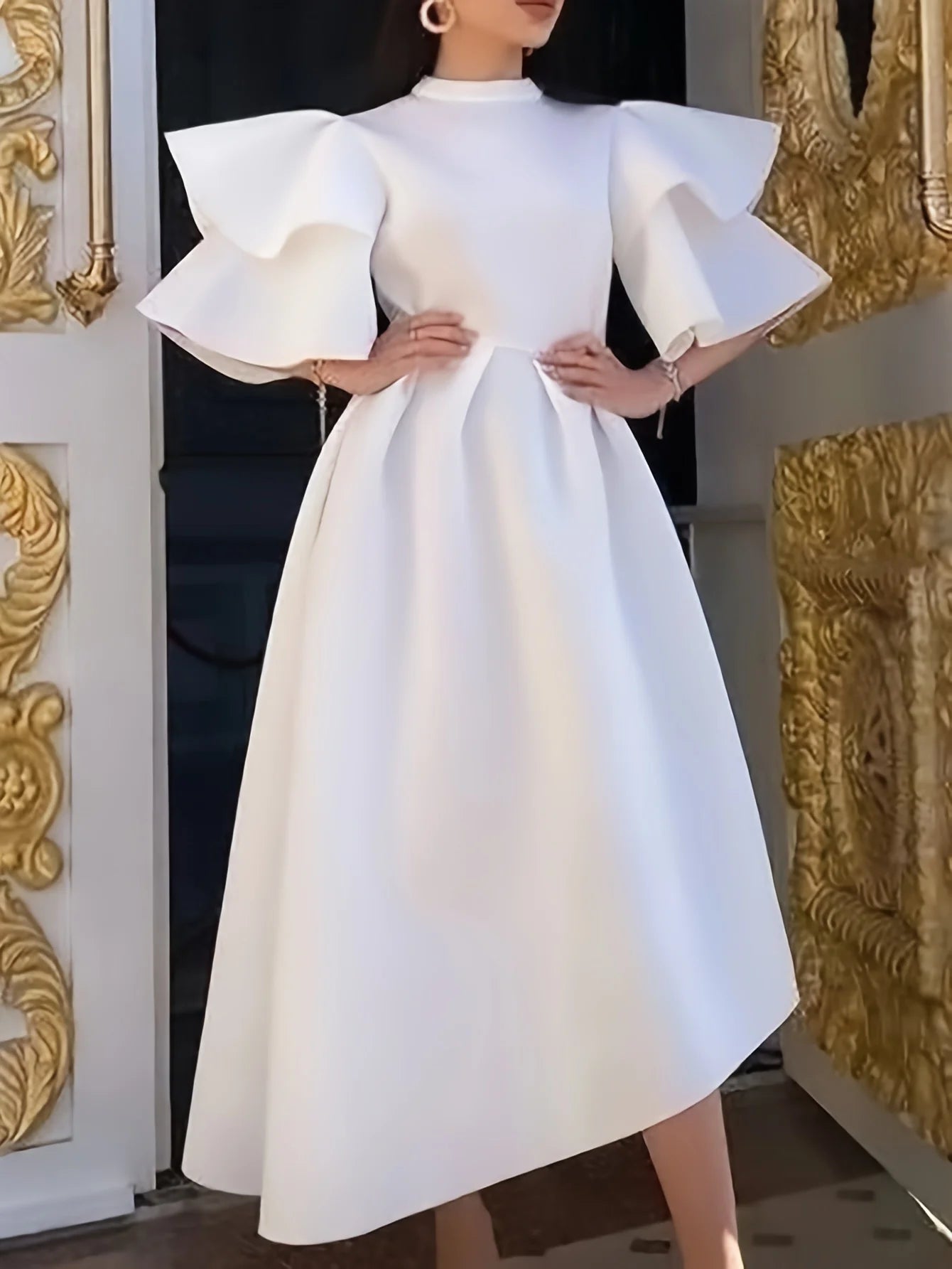 Double-layer ruffled sleeves solid color hem European and American dresses