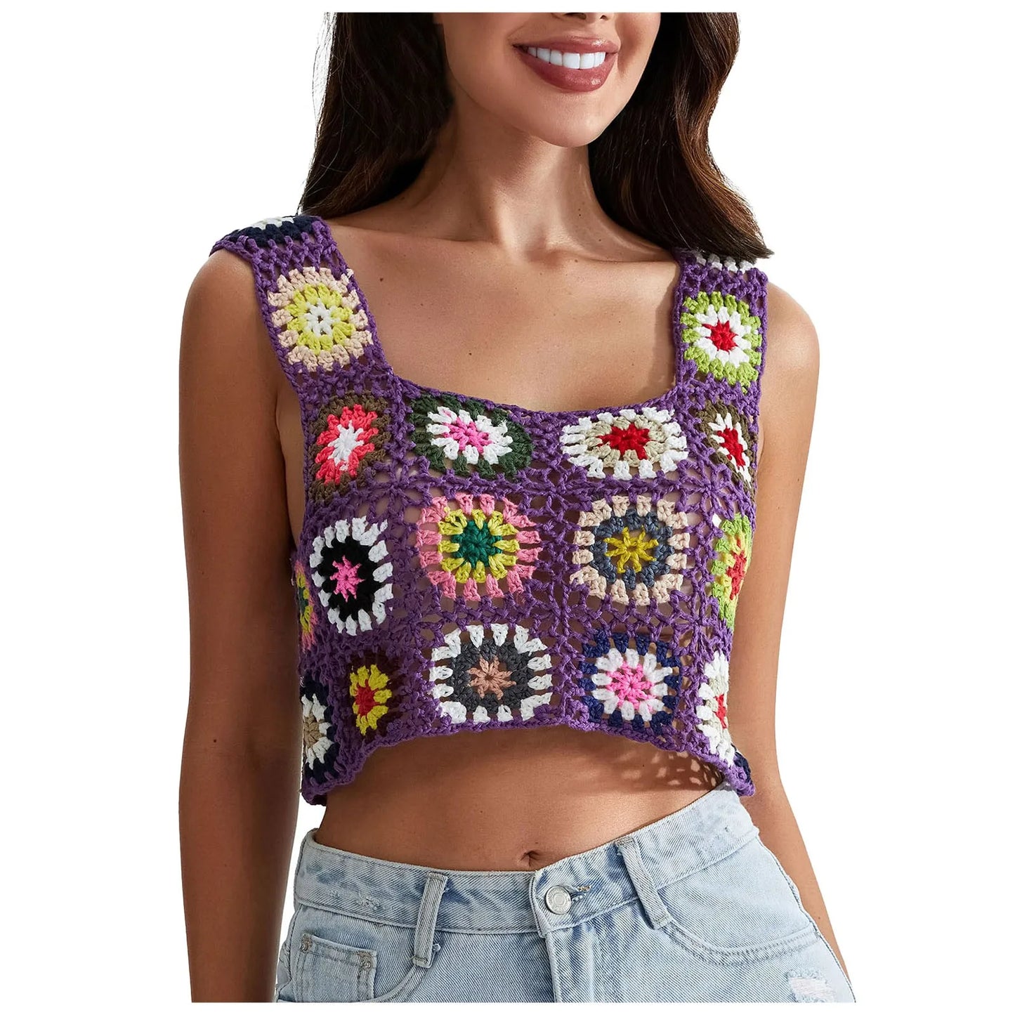 Womens Crochet Tank Top With Tassels Cover Ups Knit Colorful Floral Embroidery Summer Backless Camisole Fashion Casual Bohemian