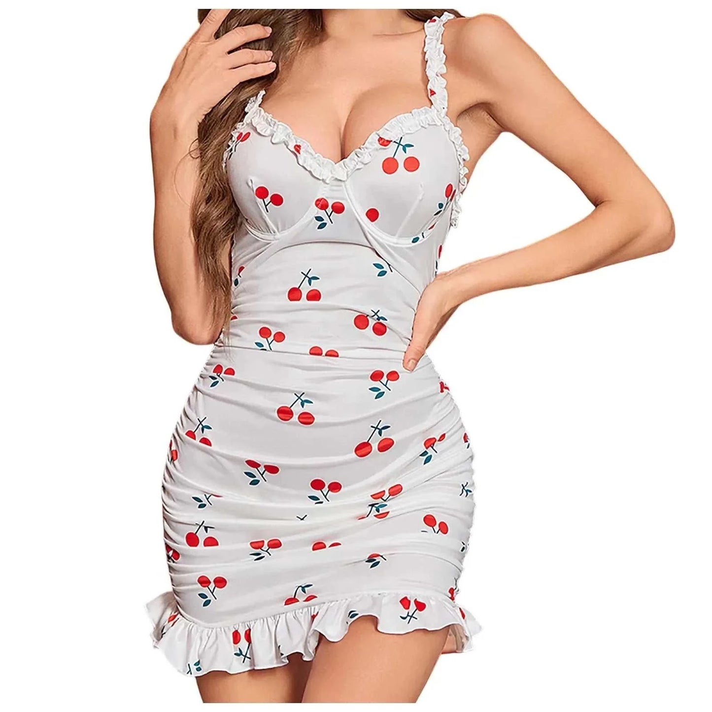 Sexy Lingerie Sexy Print Pleated Wrap Hip Nightdress Pajamas Seductive Thin Pleated Floral Edge Lingerie Sexy Woman Push Up
