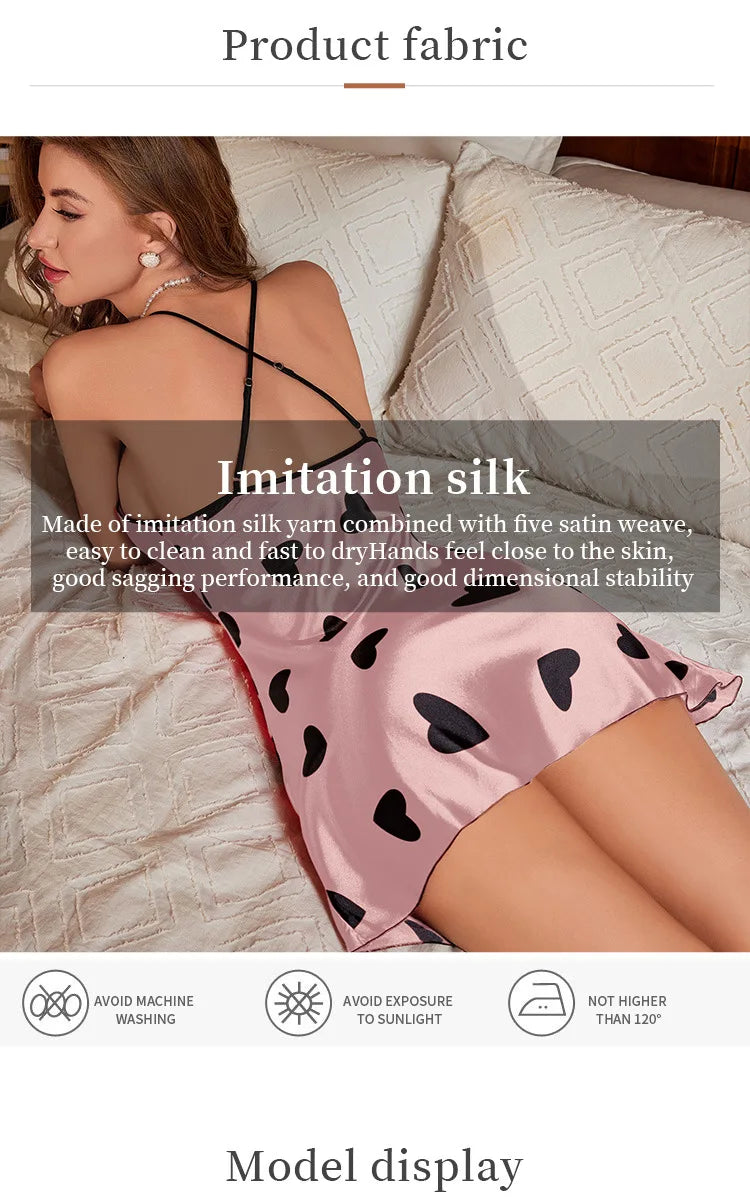 Heart Print Slip Nightdress Casual Crew Neck Criss Cross Back Sleepwear Women's Dresses