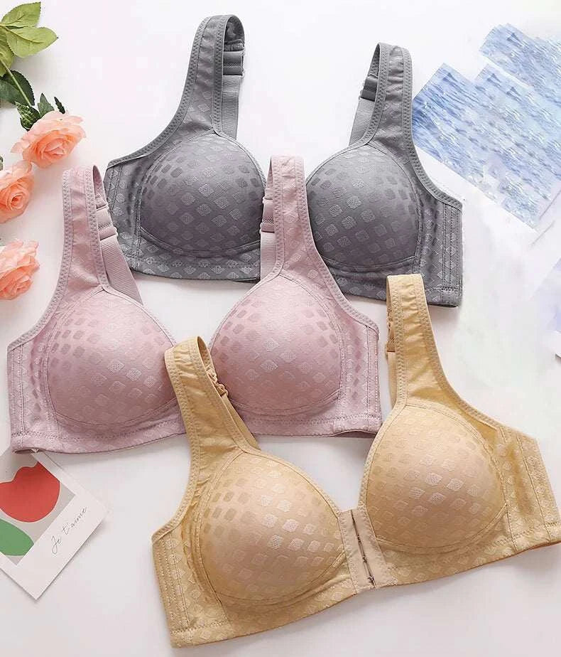 FallSweet Plus Size Front Closure Bra for Women, Seamless Wireless Push Up Bralette, Plaid Print Lingerie Comfortable Brassiere