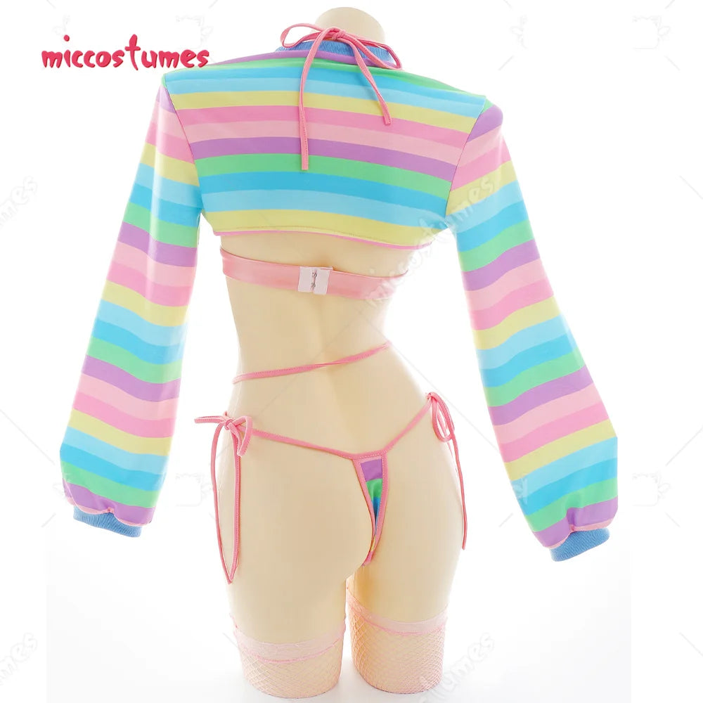 Women Sexy Cosplay Lingerie Rainbow Stripe Long Sleeve Short Tops and Panty with Stockings Sleepwear Sexy Costumes