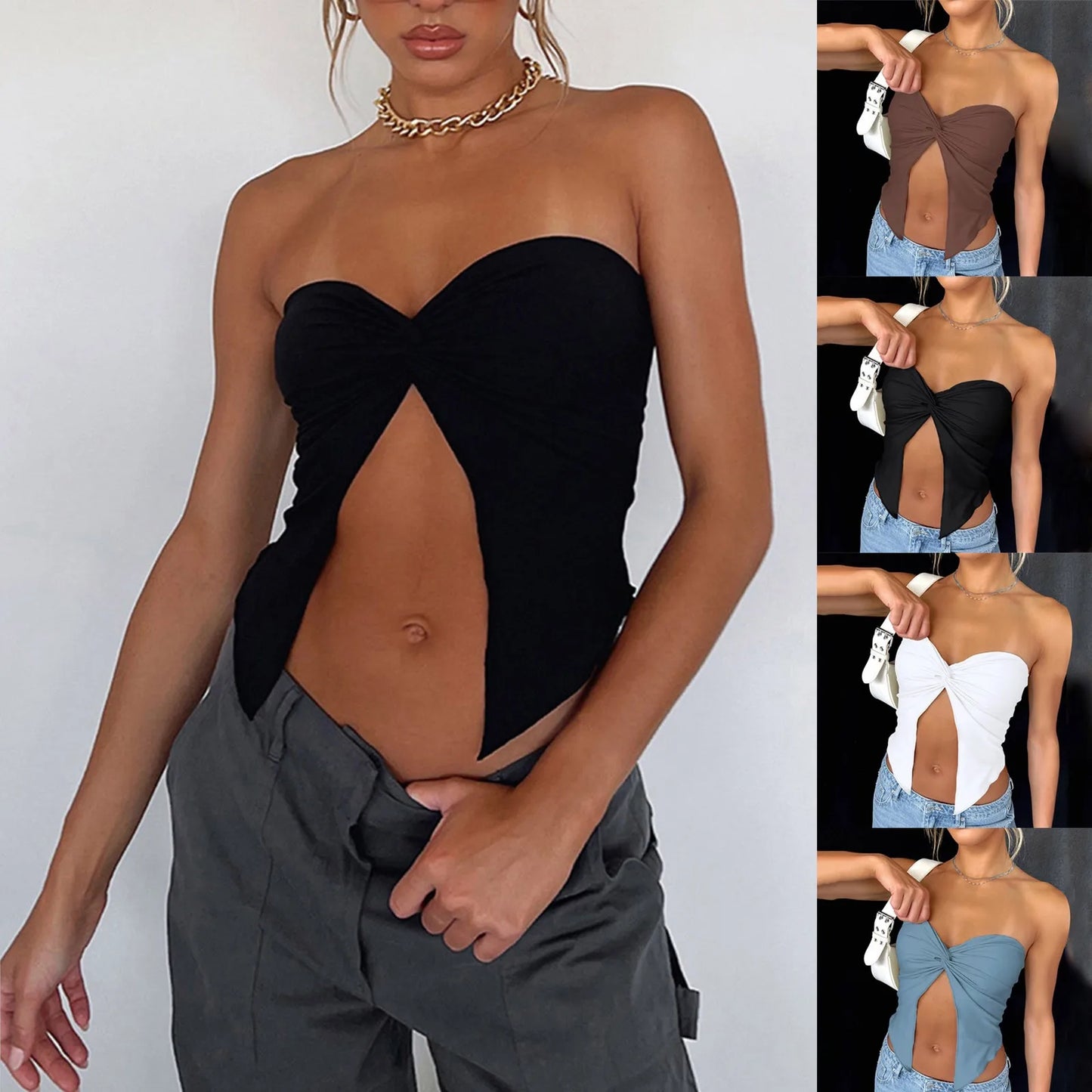 Ruched Strapless Bandeau Crop Top – Casual Backless Tube Top for Women
