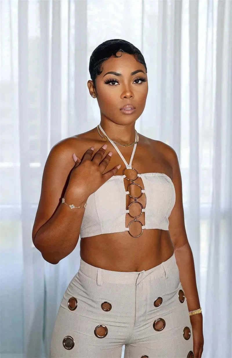 Sexy Night Party 2 Piece Sets Women Outfit Clubwear Festival Clothing Halter Crop Top and Pants Conjuntos Femininos Elegantes