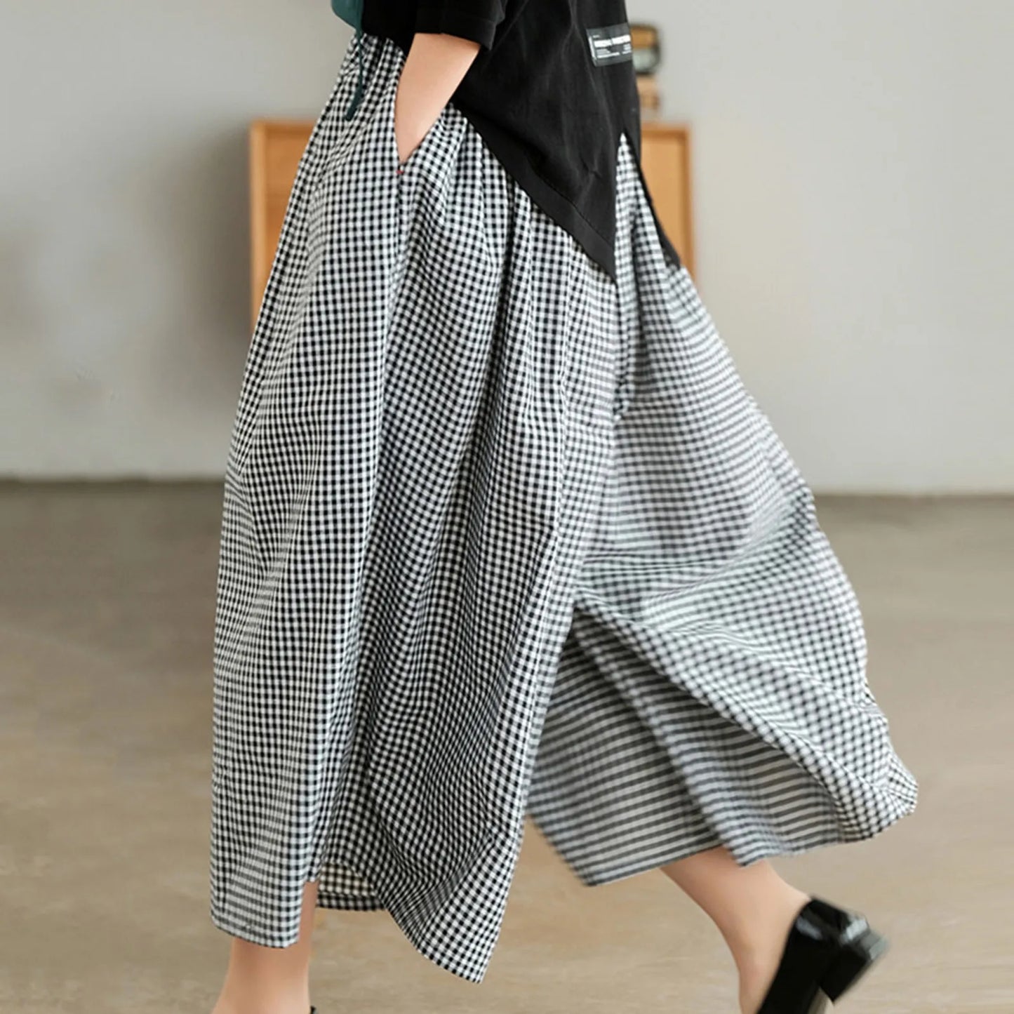 2024 Summer New Culotte Pants High Waist Pleated Slanted Pocket A-Shaped Wide Leg Covering Span Checkered Printing Trousers