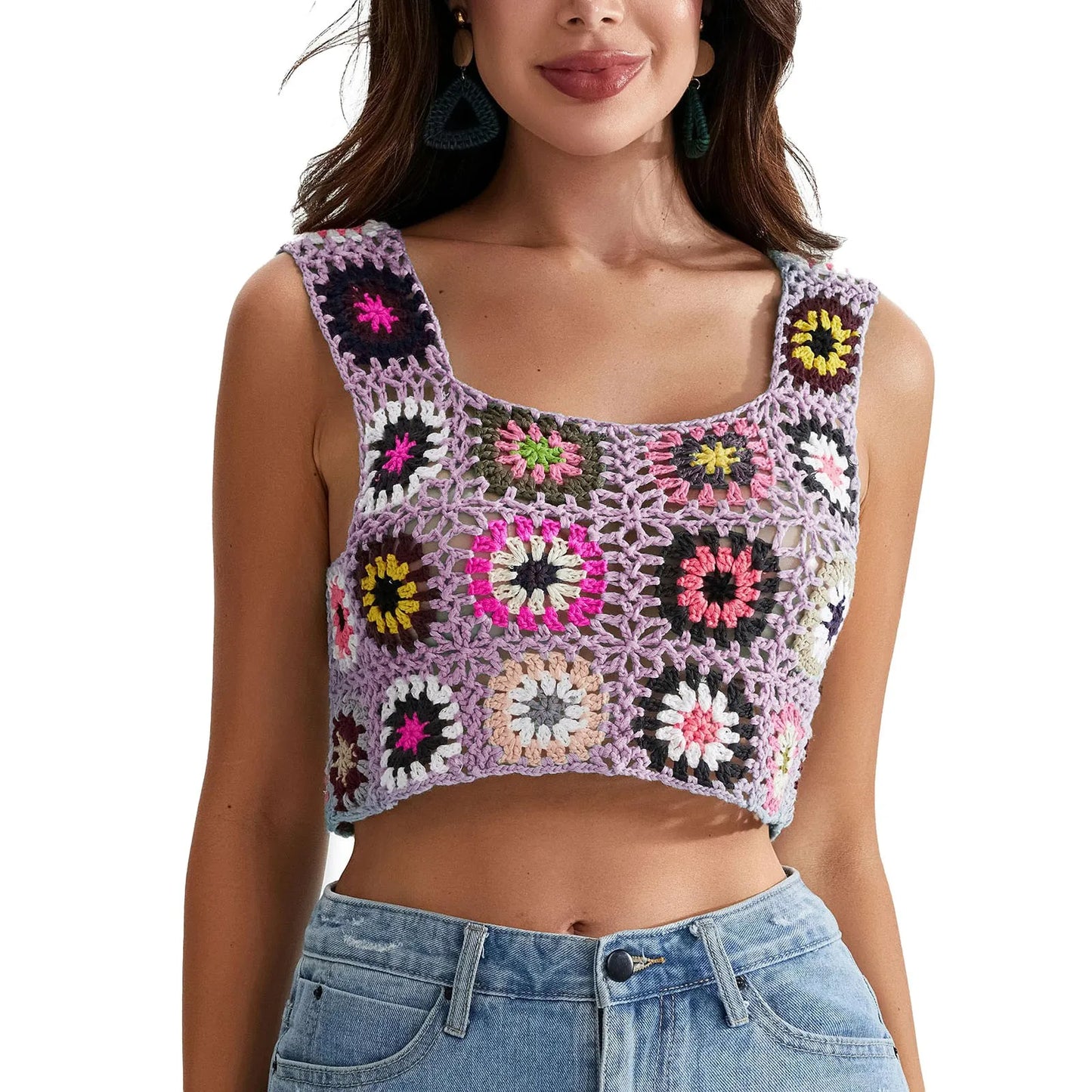 Womens Crochet Tank Top With Tassels Cover Ups Knit Colorful Floral Embroidery Summer Backless Camisole Fashion Casual Bohemian