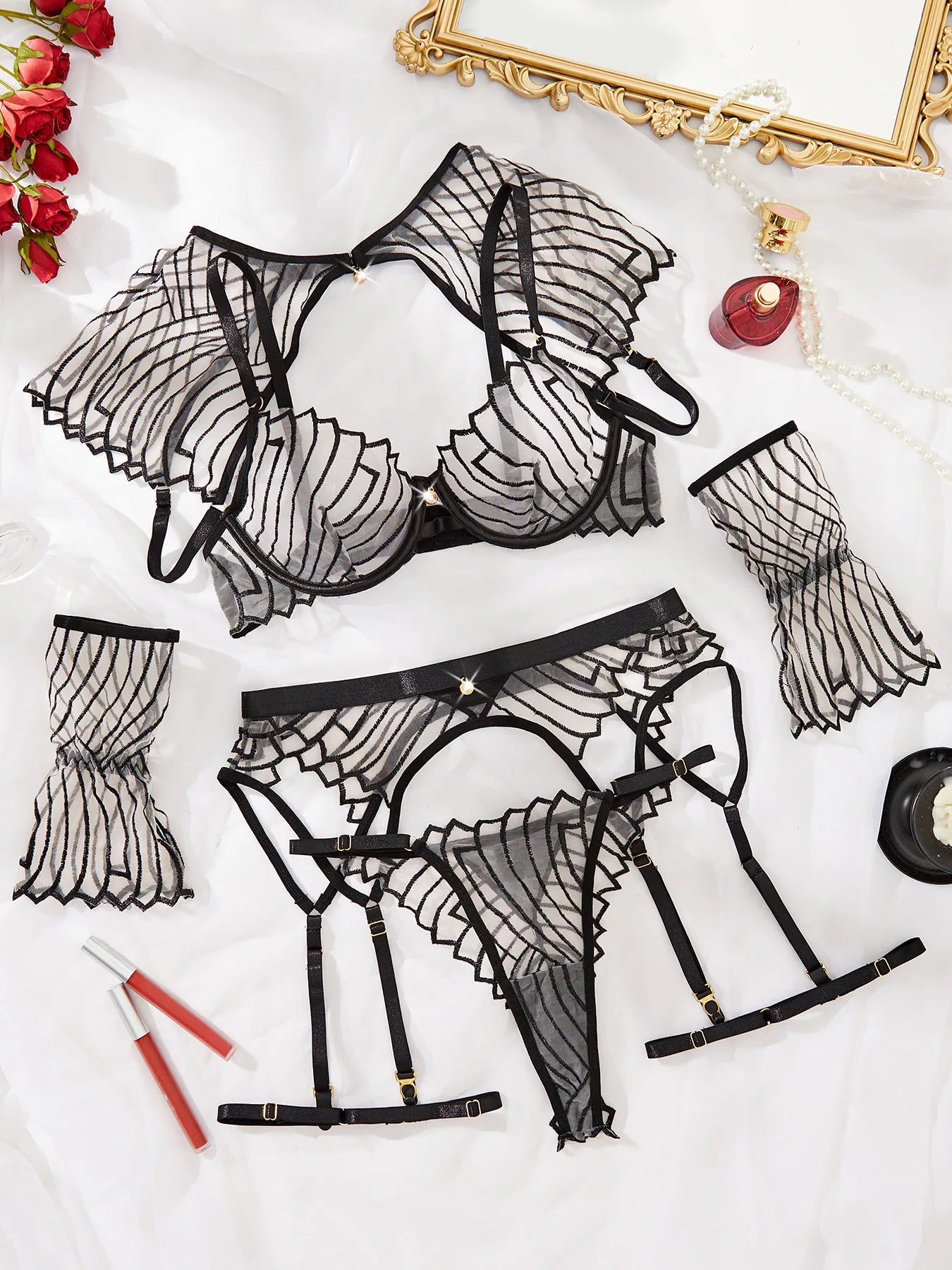 New Fashion Sexy Perspective Set with Embroidered Shawl Women's See Through Underwear Female Perspective Garter Belt Six Pieces