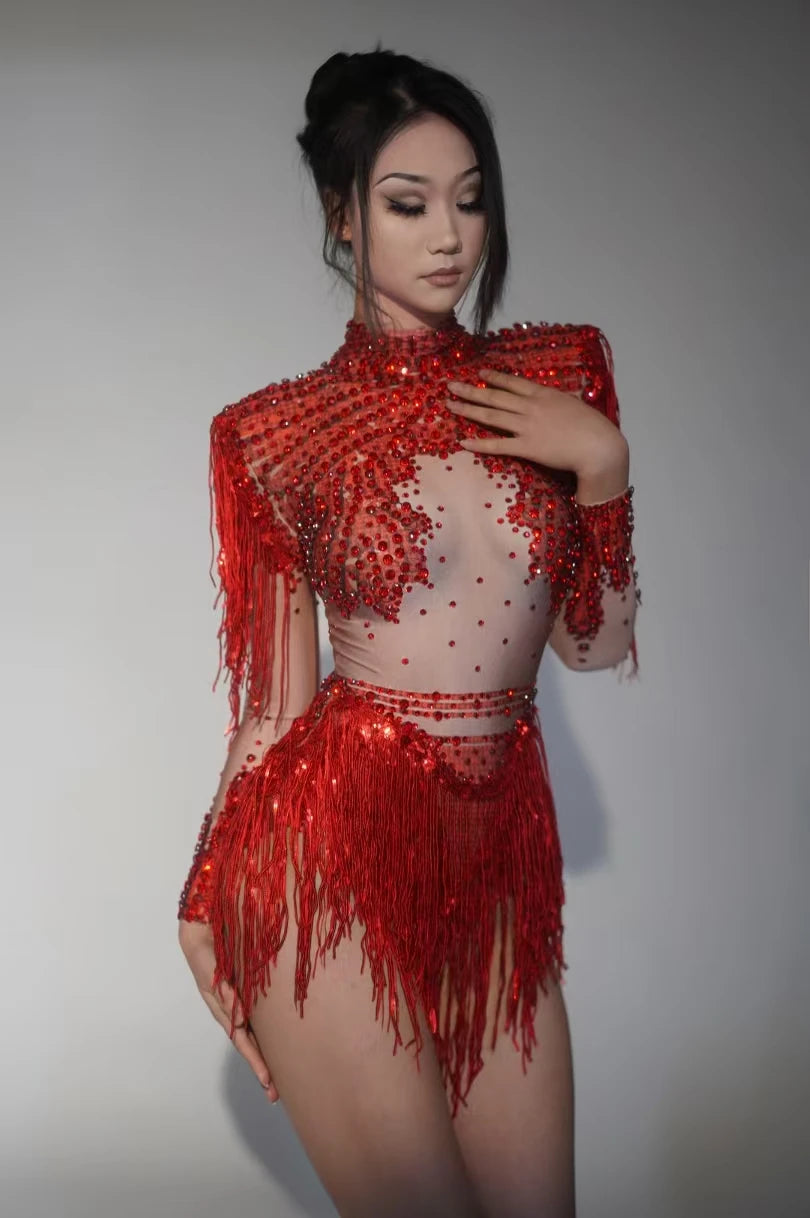 Gold Silver Sequins Tassel Elastic Bodysuit Sex)Pole Latin Dance Stage Wear Nightclub DJSinger Dancer Performance Costume Q025