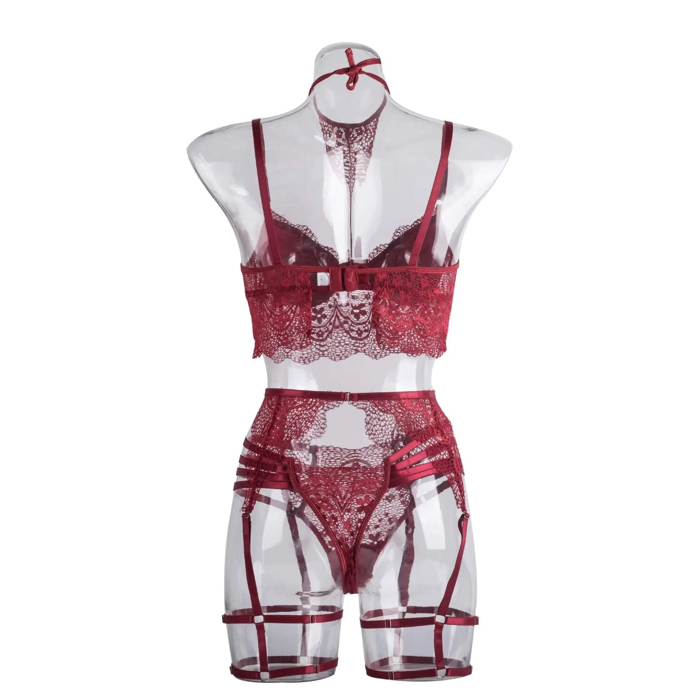 New burgundy hot gathering bra set sexy sheer lace eyelash halterneck bra thong detachable leg ring erotic lingerie