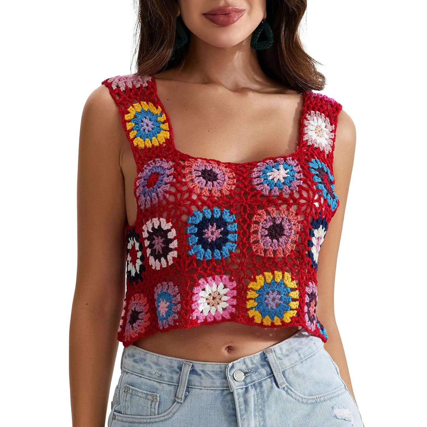 Womens Crochet Tank Top With Tassels Cover Ups Knit Colorful Floral Embroidery Summer Backless Camisole Fashion Casual Bohemian