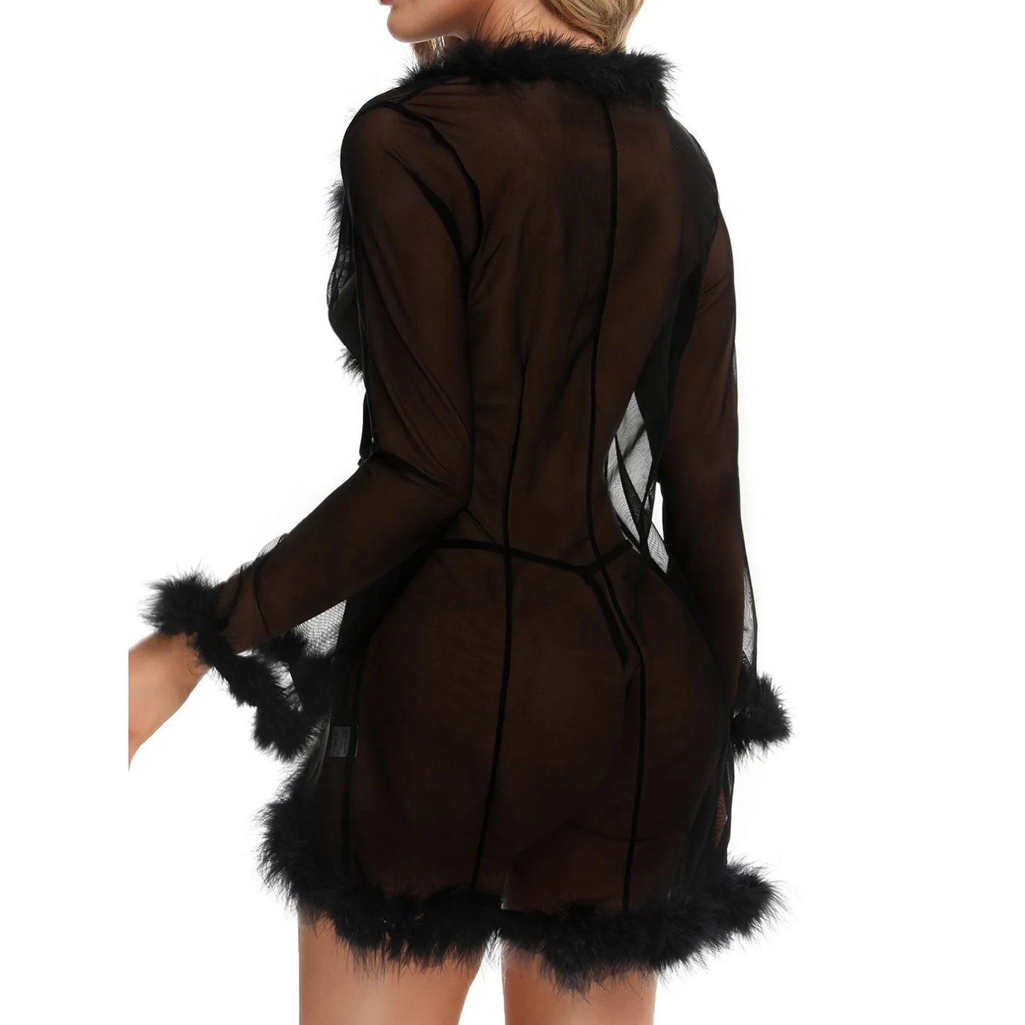 Furry Mesh Robe Lace Up See Through Nightgown Transparent Sleepwear Red Christmas Sexy Lingerie Bathrobe Kimono Lenceria