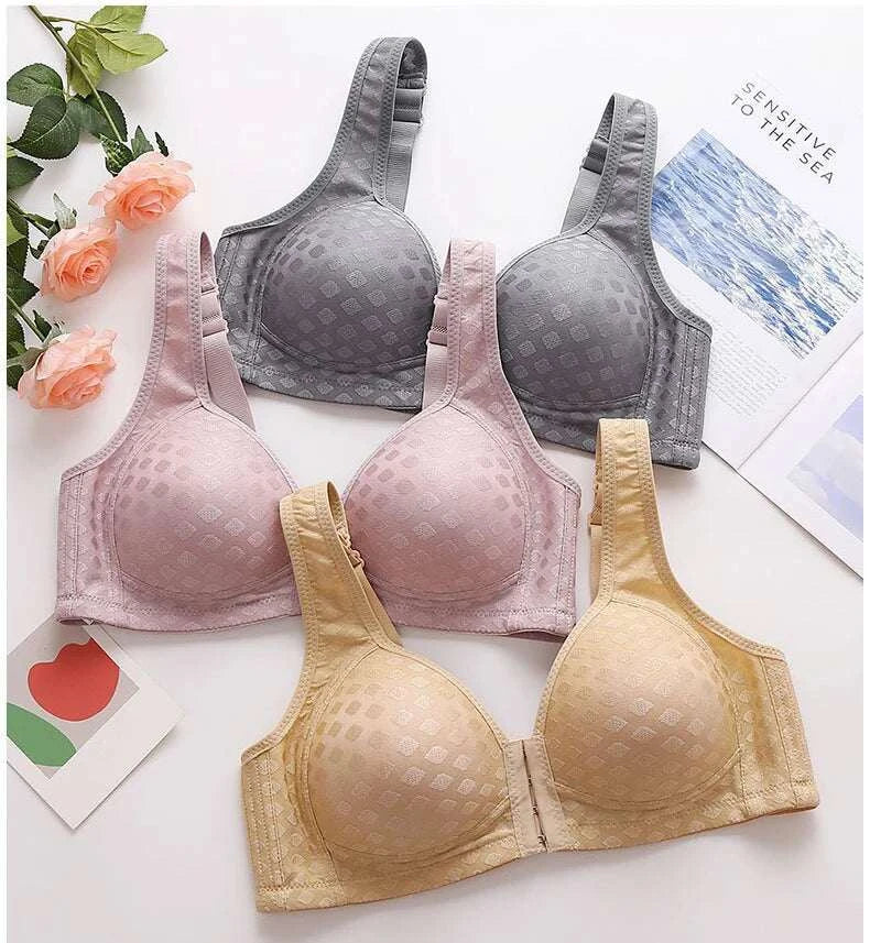 FallSweet Plus Size Front Closure Bra for Women, Seamless Wireless Push Up Bralette, Plaid Print Lingerie Comfortable Brassiere