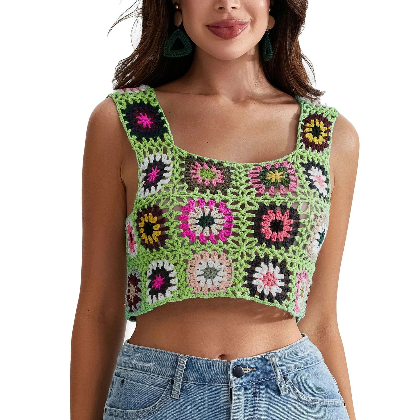 Womens Crochet Tank Top With Tassels Cover Ups Knit Colorful Floral Embroidery Summer Backless Camisole Fashion Casual Bohemian