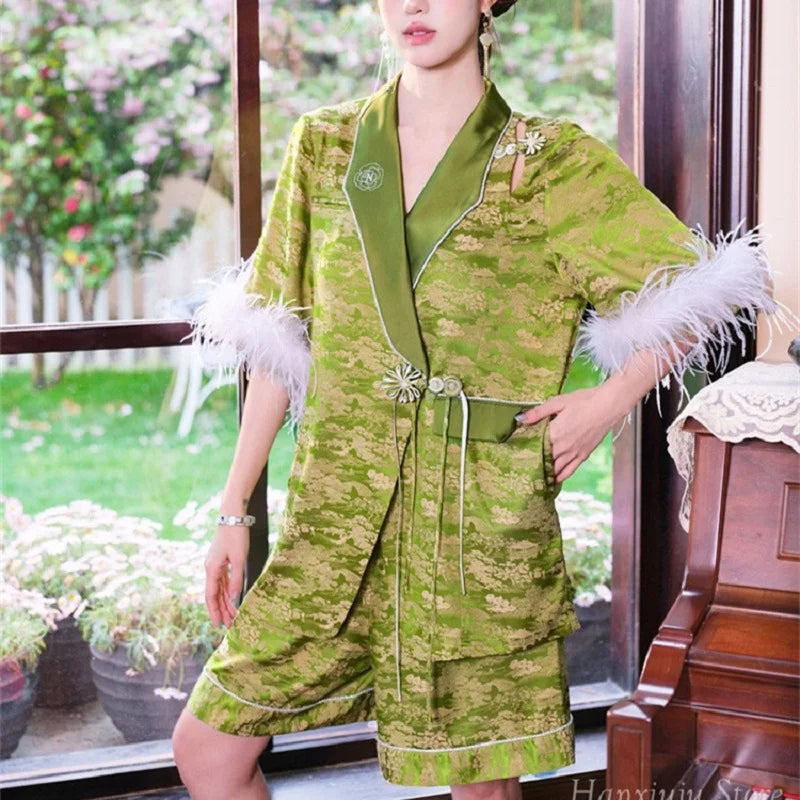 Women’s Vintage Embroidered Ice-Silk Cardigan & Nightshirt Two-Piece Set – Green Feathers Luxury Homewear
