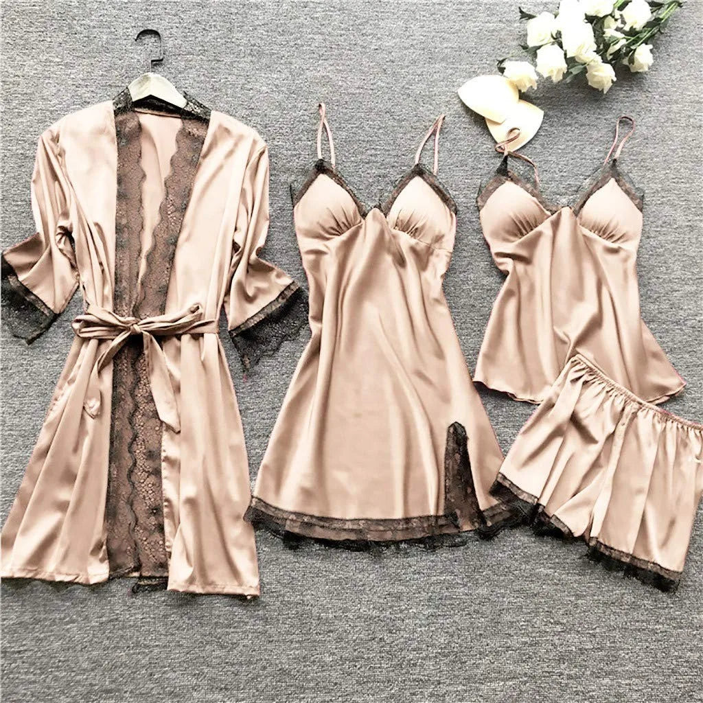 Women’s 4-Piece Satin & Lace Nightwear Set – Camisole, Shorts, Nightdress & Robe