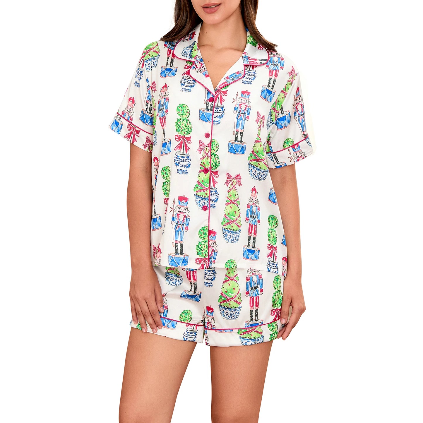 Women’s White 2-Piece Christmas Short-Sleeve Pajama Set – Festive Shirt & Shorts