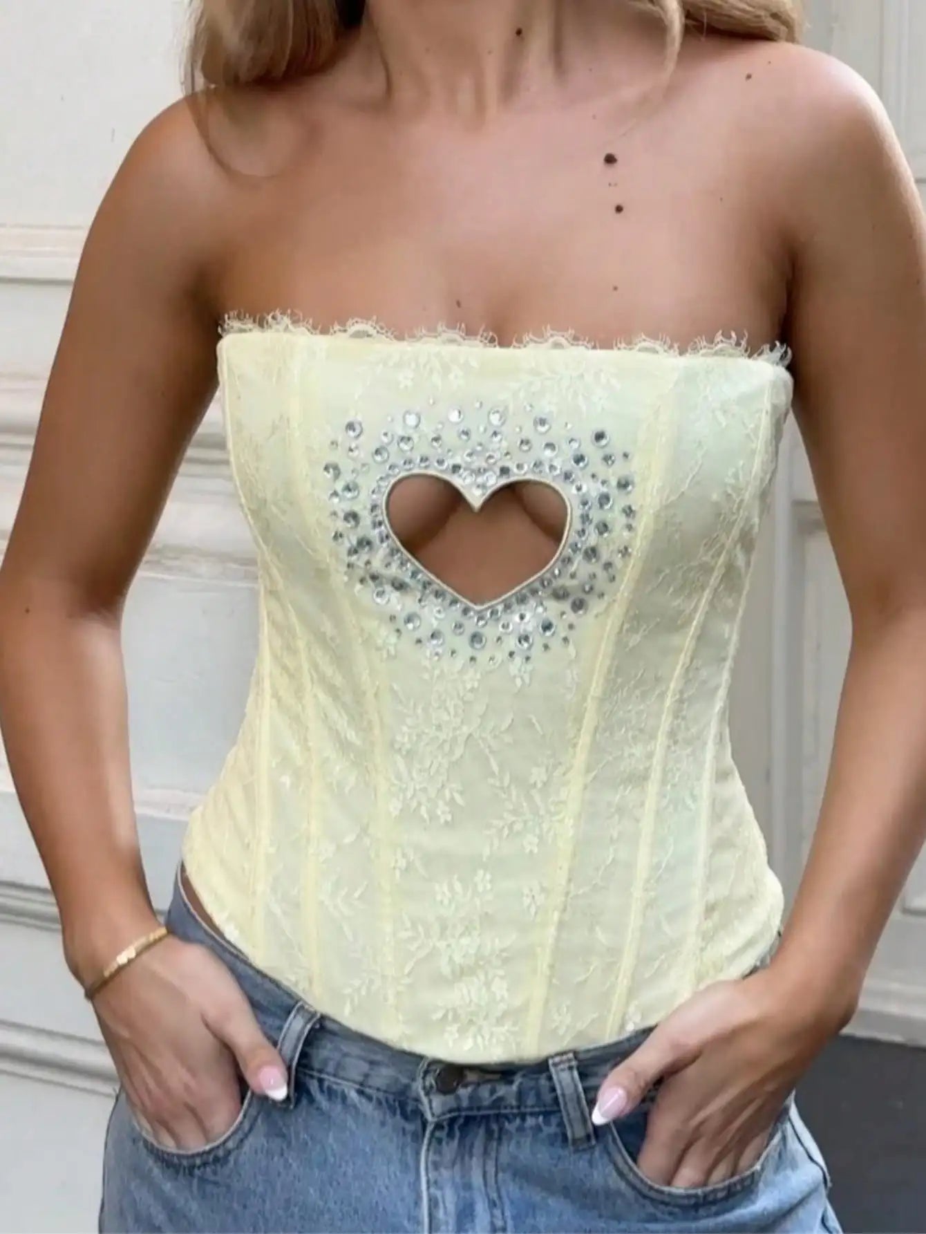 Summer Ladies' Yellow Lace Corset Top - Heart-shaped Cut and Rhinestone Embellished Sexy Strapless Shaping Vest Top