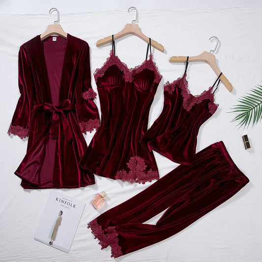Women’s 4-Piece Velour & Lace Velvet Pajama Set – Long-Sleeve Intimate Homewear