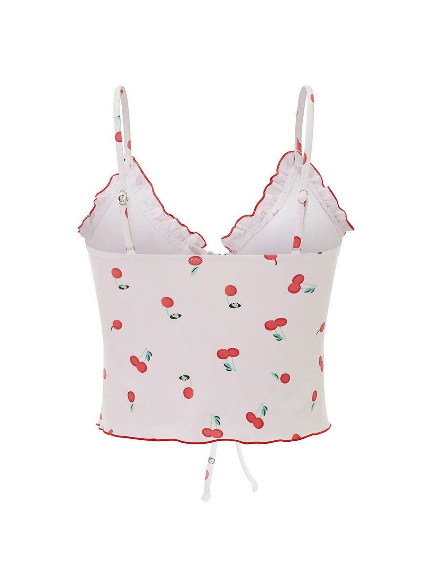 Floral Print Ruffle Off-Shoulder Bikini Top – Tie Front Sleeveless Swimsuit Crop for Women (Top Only)