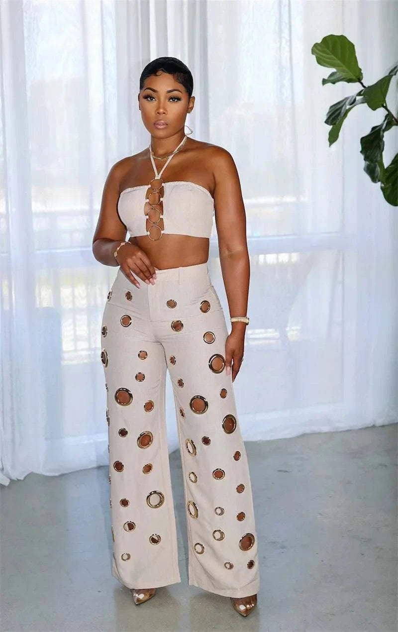 Sexy Night Party 2 Piece Sets Women Outfit Clubwear Festival Clothing Halter Crop Top and Pants Conjuntos Femininos Elegantes