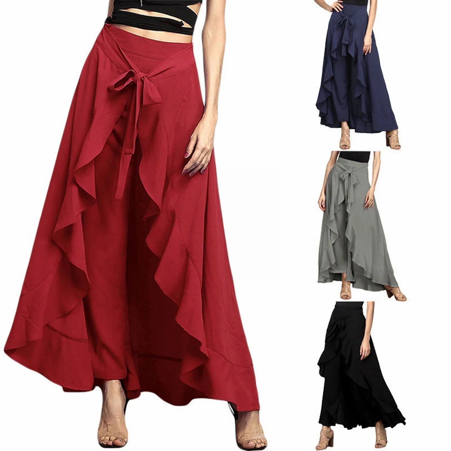 Women'S High Waist Chiffon Pants Wide Leg Pants Ruffle Trim Ice Silk Ankle-Length Long Trousers Summer Breeches Pantalones 바지