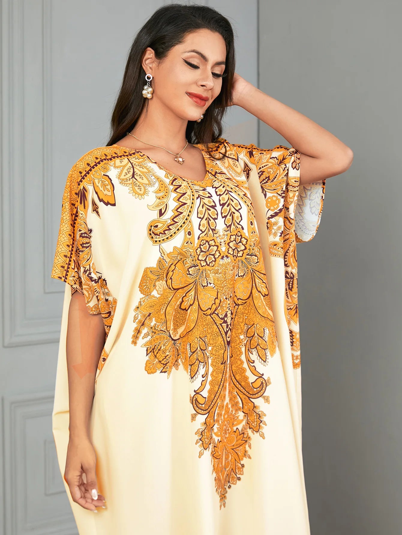 Moroccan-Print Loose-Fit Maxi Kaftan Dress – Short-Sleeve Muslim Abaya & Turkey Caftan