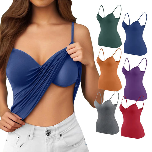 Plus Size Lace Camisole Top with Built-In Bra – Casual Solid Color Spaghetti Strap V-Neck Tank for Women