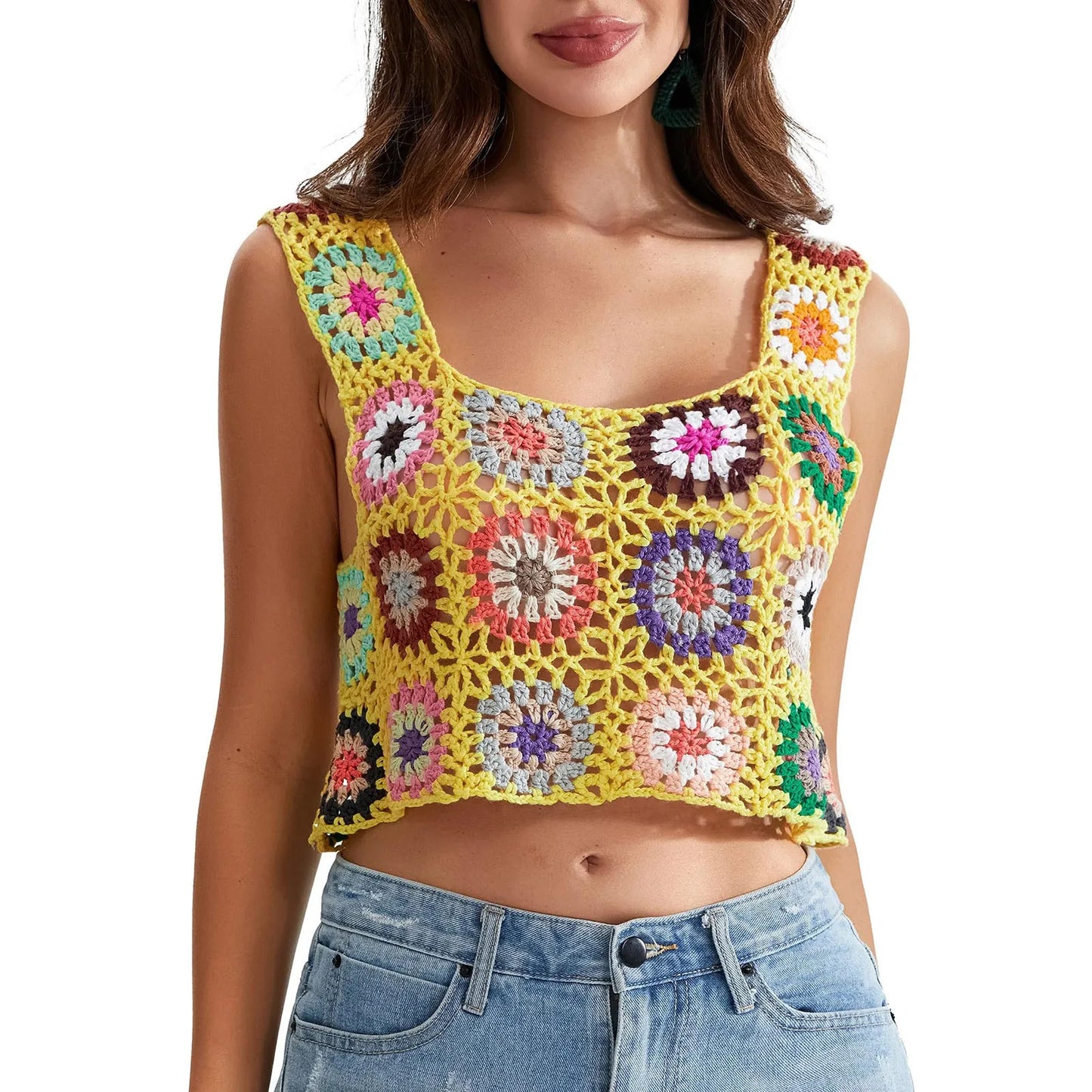 Womens Crochet Tank Top With Tassels Cover Ups Knit Colorful Floral Embroidery Summer Backless Camisole Fashion Casual Bohemian