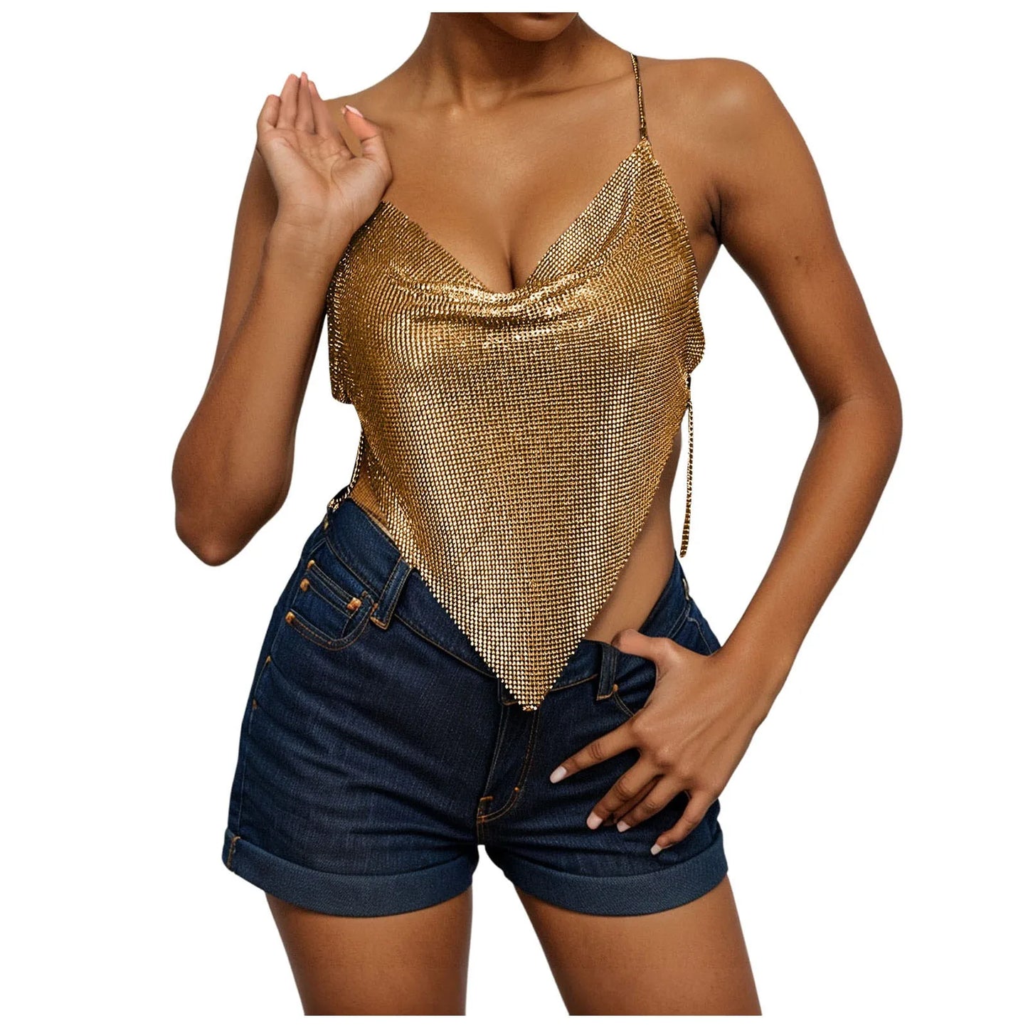 Women's Fashion Sequin Camisole Carnival Swing Neck Single Breasted Sexy Cropped Tops Hot Girls Hip Hop Backless Tank Tops