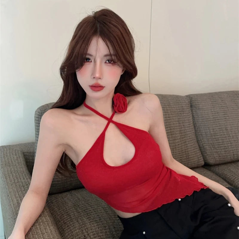 Korean Version of Red Halterneck Irregular Three-dimensional Flower Decoration Slim Sexy Fashion Camisole Top