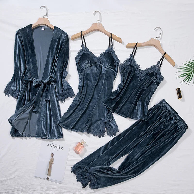 Women’s 4-Piece Velour & Lace Velvet Pajama Set – Long-Sleeve Intimate Homewear