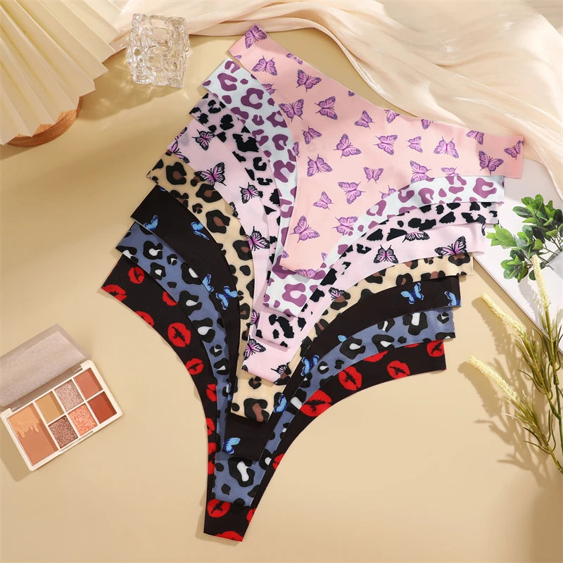 FINETOO Ultra Soft Seamless Graphic Print Thong Set – 4-Pack Stretch Leopard G-Strings for Women