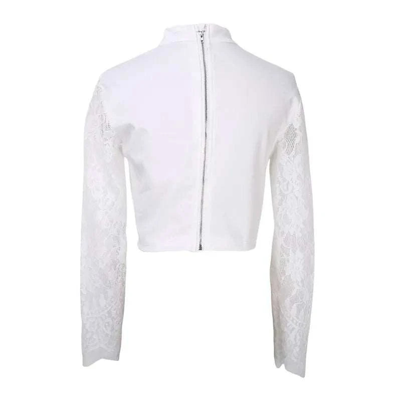 Sexy Lace Patchwork Tops For Women Long Sleeve Push Up See-through Crop Tops Ladies Summer Spring Low-cut Slim Blouses