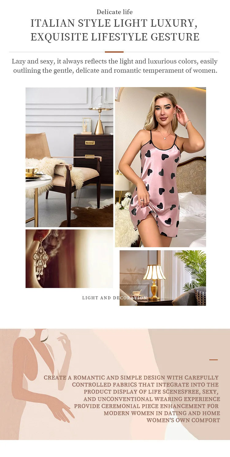 Heart Print Slip Nightdress Casual Crew Neck Criss Cross Back Sleepwear Women's Dresses