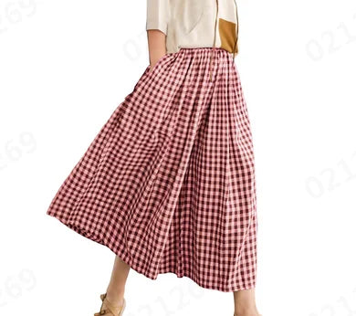 2024 Summer New Culotte Pants High Waist Pleated Slanted Pocket A-Shaped Wide Leg Covering Span Checkered Printing Trousers
