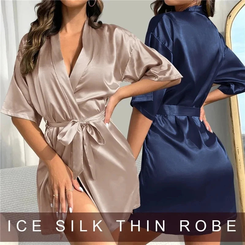 Women Silk Satin Short Night Robe Solid Kimono Robe Fashion Bath Robe Sexy Bathrobe Peignoir Femme Wedding Bride Bridesmaid Robe