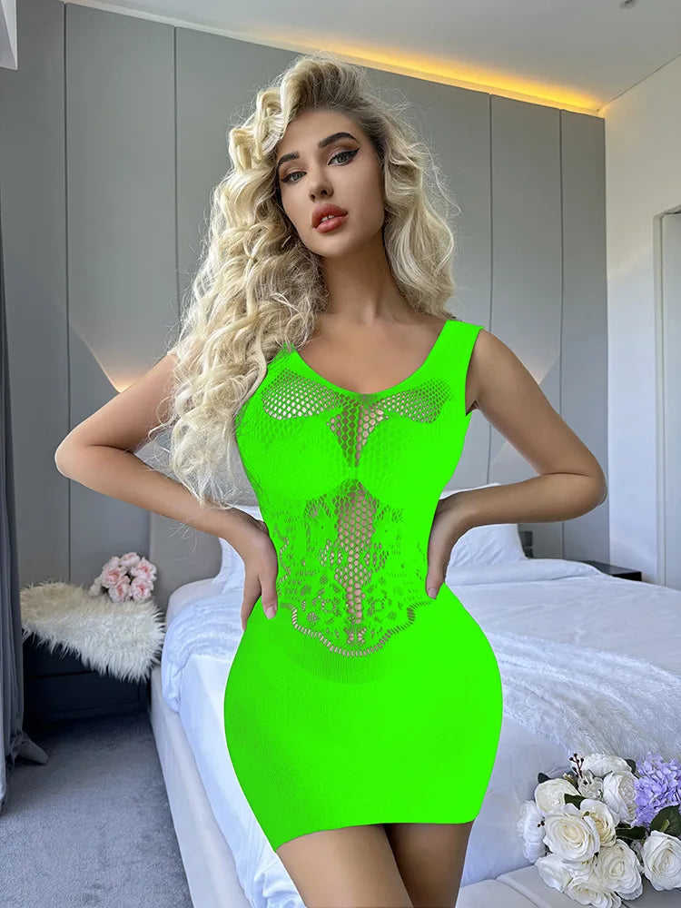 Women’s Sheer Fishnet Hollow-Out Backless Bodysuit Skirt – Erotic One-Piece Mesh Dress