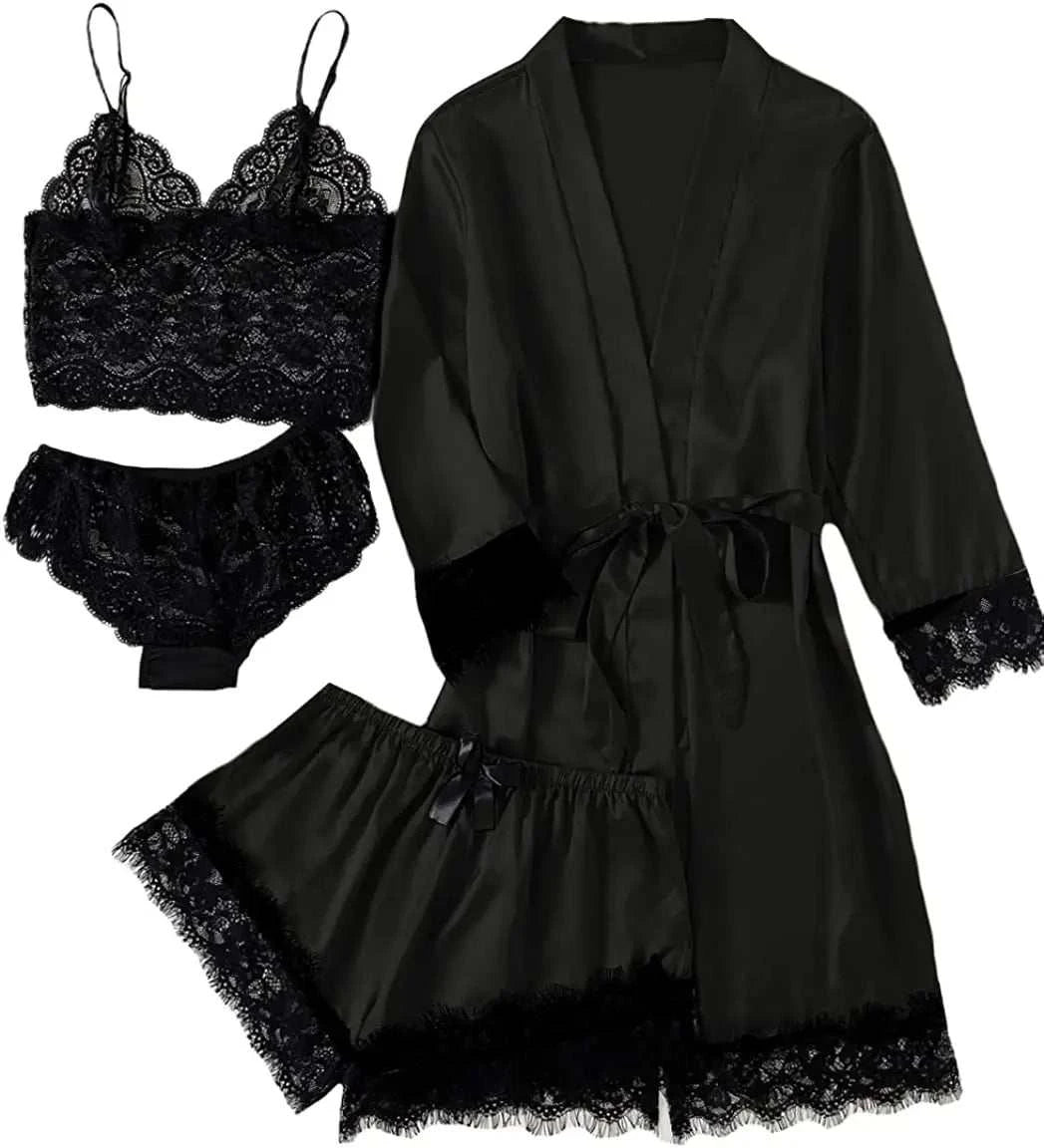 4PCS Women Pajama Suit Fashion V-Neck Stretch Silk Satin Robe Lace Sexy Lingerie Bathrobe Bowknot Pyjamas Shorts Set Sleepwear