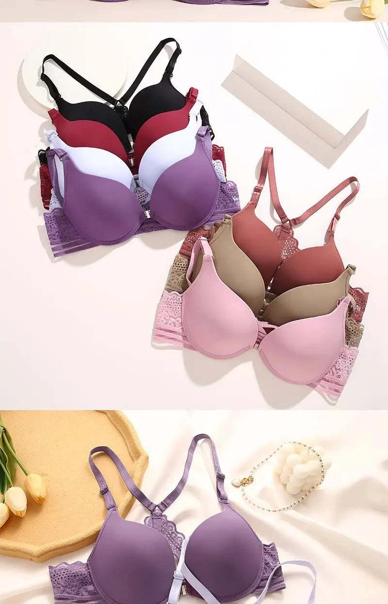 3Pcs Front buckle Sexy Bra Beautiful Back Gathered Lingerie Lace Bra Small Chest Adjustable Bra Women's Upper Support Lingerie