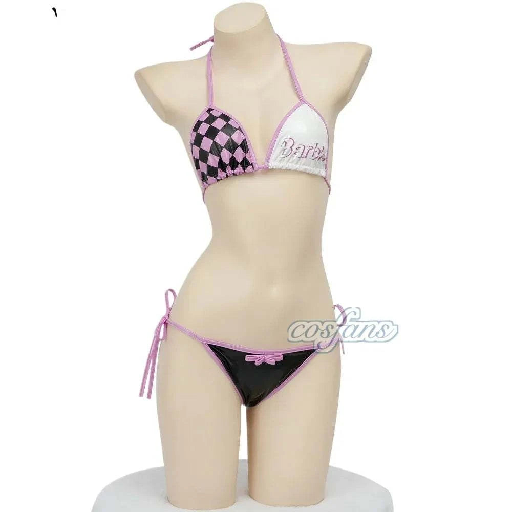 Women Three Point Underwear Set Cosplay Costume Barbie Cute Girl Pink Black Plaid Bikini Swimsuit