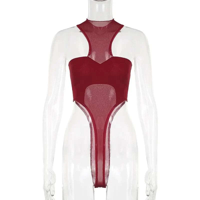 Solid Red Mesh Corset Bodysuit